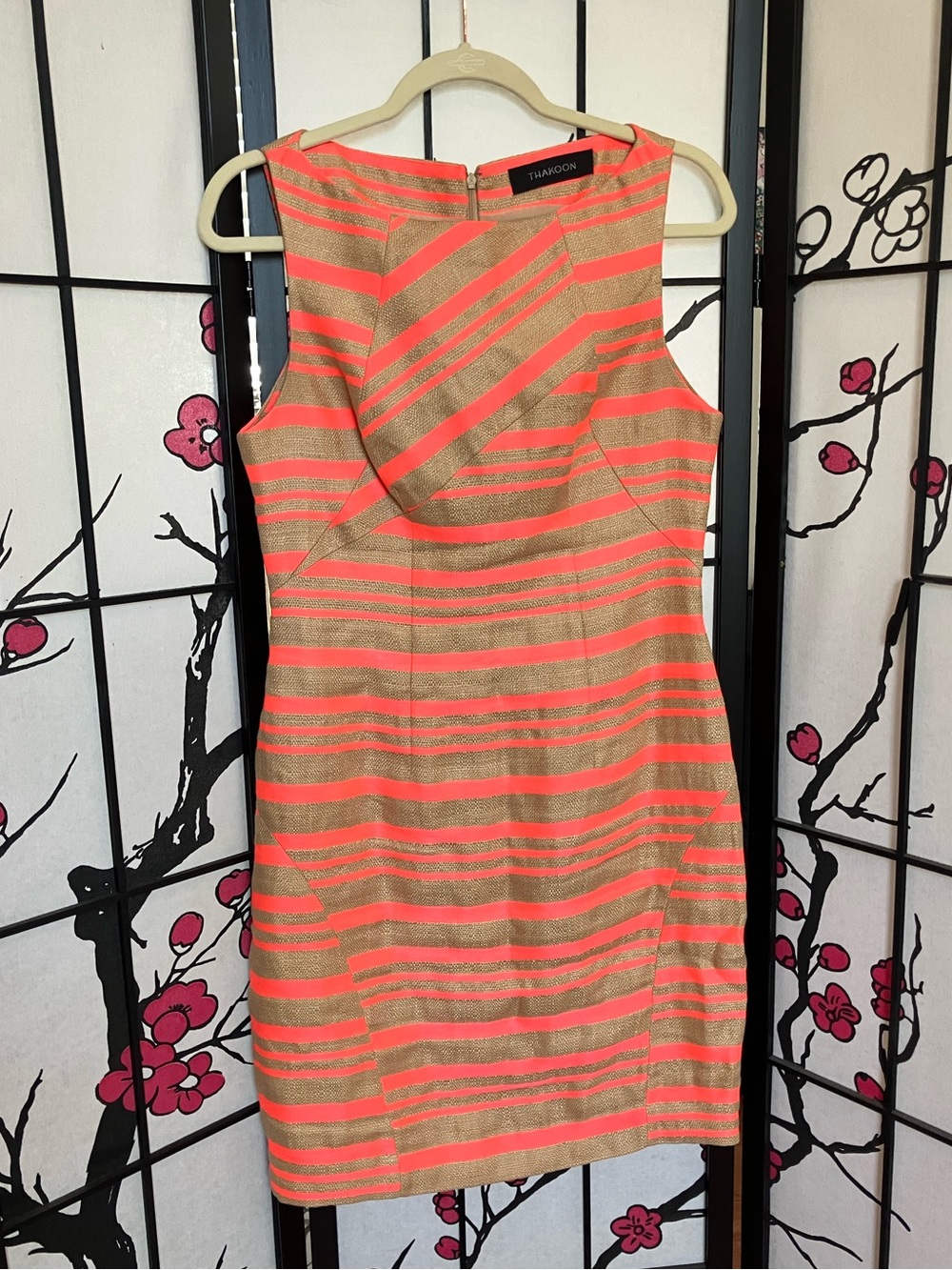 Thakoon Tailored Shift Midi Linen Dress pink and tan size 8